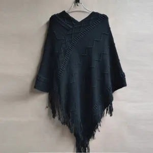 Women black knitted pullover poncho sweater loose tassel cape batwing cardigan top elegant style.