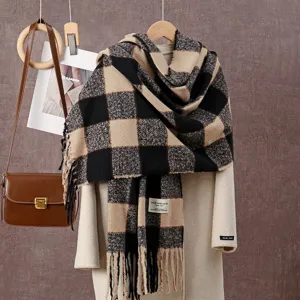 Classic black and beige plaid fringed scarf, soft warm winter accessory for women.