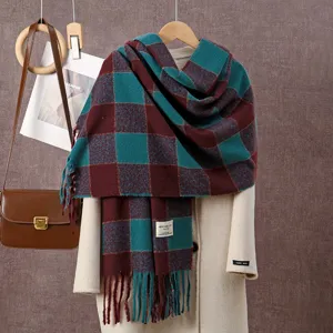 Retro plaid tassel scarf for women, soft winter warm stylish color block fashion neck wrap.