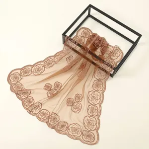 Elegant women floral embroidered lace scarf caramel brown sheer mesh shawl fashion accessory