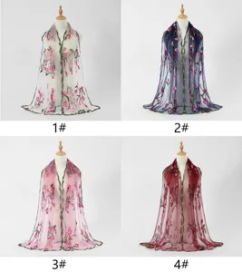 Écharpe longue et transparente brodée de fleurs pour femmes, châle léger d'été.