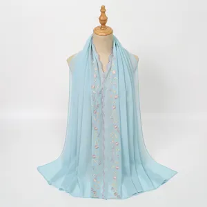 Light blue chiffon embroidered long scarf women elegant floral shawl hijab head wrap.