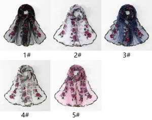 French vintage floral embroidery mesh long scarf with delicate lace border for women sun shawl.