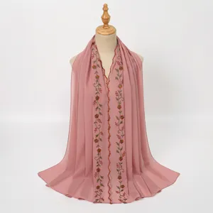 Elegant pink embroidered chiffon scarf shawl for women, lightweight floral wrap hijab.