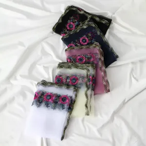 French vintage floral embroidered mesh long scarf lace border sun protection shawl women