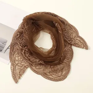 Close-up of the coffee brown lace embroidered square scarf featuring delicate rose patterns.