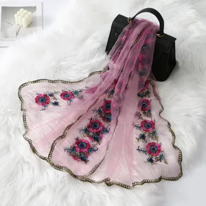 Detail view of French vintage floral embroidered mesh scarf with elegant lace trim and soft fabric.