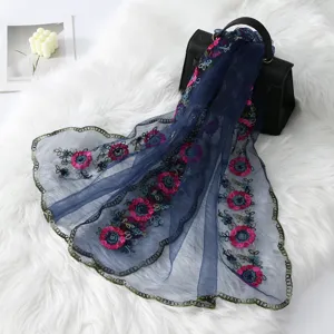 French vintage floral embroidered mesh long scarf lace trim stylish sun protection shawl