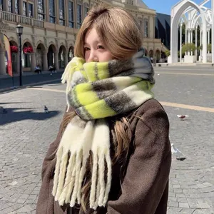 Women Winter Cashmere Feel Scarf Thickened Plaid Tassels Long Warm Scarf