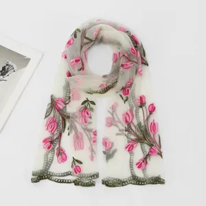Écharpe transparente brodée de tulipes roses, foulard floral léger pour femme voyage et quotidien