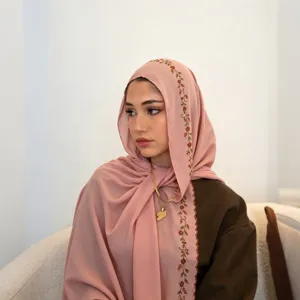 Women's French Style Embroidered Lace Edge Long Scarf Lightweight Soft Shawl Elegant Floral Headscarf Wrap