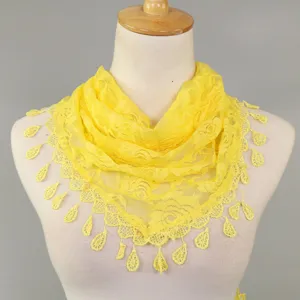 Women yellow lace triangular scarf with teardrop fringe floral shawl headwrap head scarf