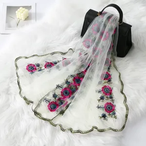 French vintage colorful floral embroidered tulle scarf, elegant lace trim sun shawl.