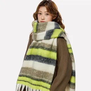 Women winter thick striped mohair scarf cozy soft knitted fringe neck warmer style