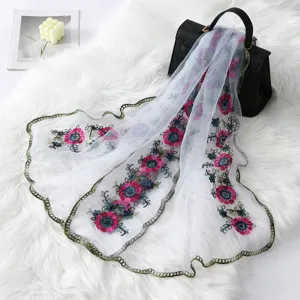French vintage colorful floral embroidered mesh long scarf with delicate lace trim for women