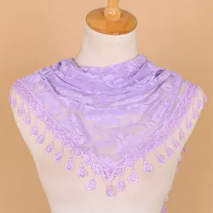 Lavender lace floral triangle scarf with elegant teardrop tassels for stylish women fashion.