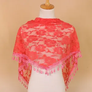 Red lace triangular scarf with rose floral patterns and delicate water-drop tassels for women