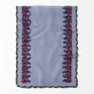 French vintage colorful floral embroidered mesh long scarf with delicate lace border shawl.