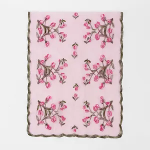 Écharpe transparente brodée rose châle en gaze nylon florale accessoire long élégant femme