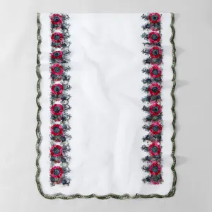 Detailed view of French vintage floral embroidered mesh scarf with green lace trim edge.