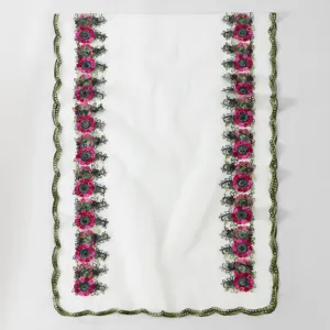 French vintage colorful floral embroidered mesh scarf detail shot with exquisite green lace trim.