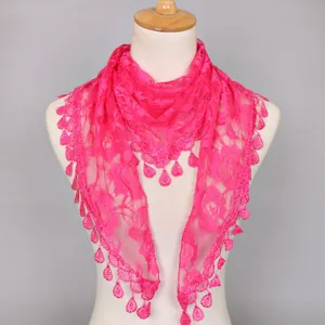 Hot pink lace triangular scarf with rose patterns and teardrop tassels for women elegant shawl.