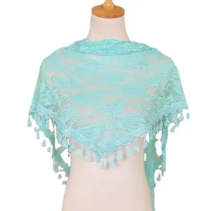 Mint green lace triangular shawl with rose floral pattern and fringe tassels for women.