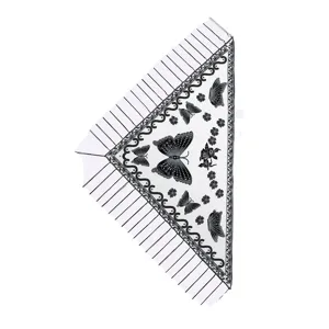 Women fashion lace triangular headscarf with black butterfly print and hollow tassel design.