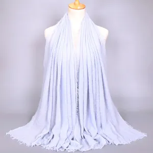 Solid color minimalist crinkle scarf with raw edge, versatile casual women cotton headwear.