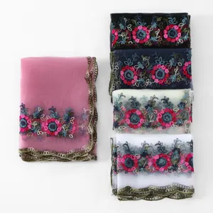French Vintage Colorful Floral Embroidery Mesh Long Scarf Delicate Lace Trim Sunscreen Shawl Scarf For Women
