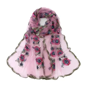 French vintage colorful floral embroidered mesh long scarf lace border sun protection shawl.