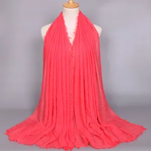Solid color pleated cotton linen feel fringed women headscarf versatile casual scarf