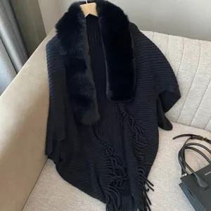 Schwarzer Strick Cape Schal für Damen Winter warmer Pelzkragen Fransen offene Front Poncho