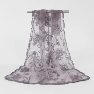 Grey sheer mesh scarf featuring delicate rose embroidery and elegant lace borders.