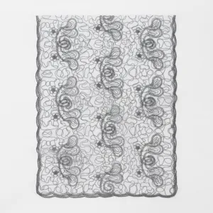 Detailed close-up view of the intricate hollow embroidered lace pattern on the gray nylon shawl.