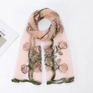 Pink floral embroidered sheer scarf, lightweight gauze long wrap for women spring style.