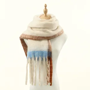 Korean style color-block winter warm women's scarf with tassels, cozy and stylish neck wrap.