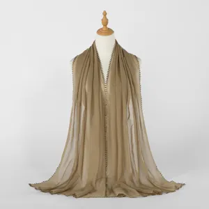 Details of solid color women long chiffon scarf with delicate lace trim versatile elegant shawl.