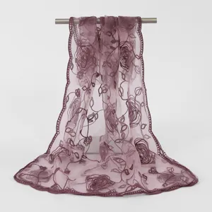 Sheer mesh embroidered floral scarf detail, elegant lightweight shawl with delicate lace edges.