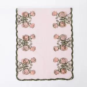 Women pink rose embroidered mesh scarf long nylon sheer shawl elegant floral neck wrap