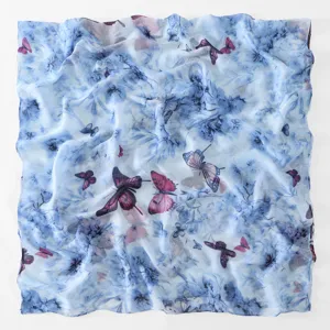 Lightweight blue floral butterfly printed square scarf, soft touch daily sun protection shawl.
