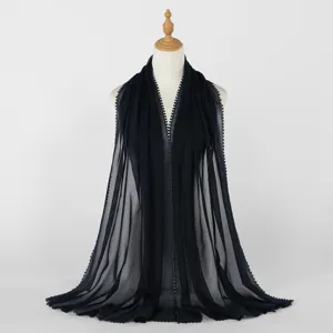 Dark blue solid color women long chiffon scarf shawl with delicate double-sided lace edge.