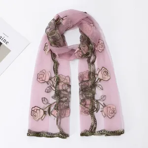 Pink sheer floral embroidered scarf for women, elegant long gauze wrap shawl with detailed rose.