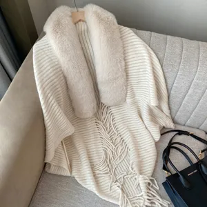 Damen Winter Warmer Gestreickter Fellkragen Schal Fransen Umhang Cardigan Pullover Mantel Stil