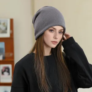 Women grey slouchy knitted beanie hat autumn winter warm soft stylish casual daily outdoor wear