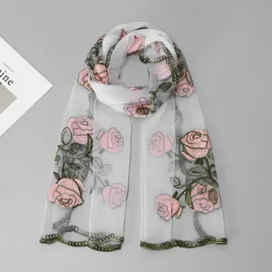 Sheer embroidered floral scarf with pink roses and green leaves, elegant lightweight neck wrap.