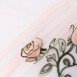 Detailed view of women embroidered mesh gauze scarf with pink floral design for spring summer