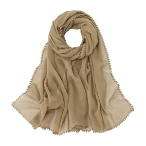 Solid color women's long chiffon scarf with delicate lace trim edge elegant draped hijab.