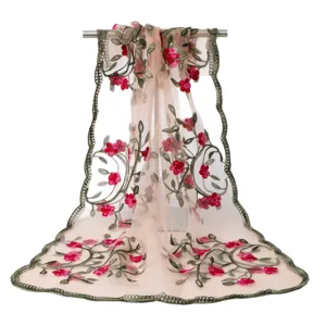 Women's floral embroidered sheer mesh scarf long versatile spring summer fashion shawl wrap.