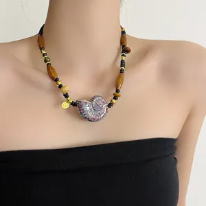 Designer ceramic conch pendant necklace retro handmade braided beaded clavicle chain for women